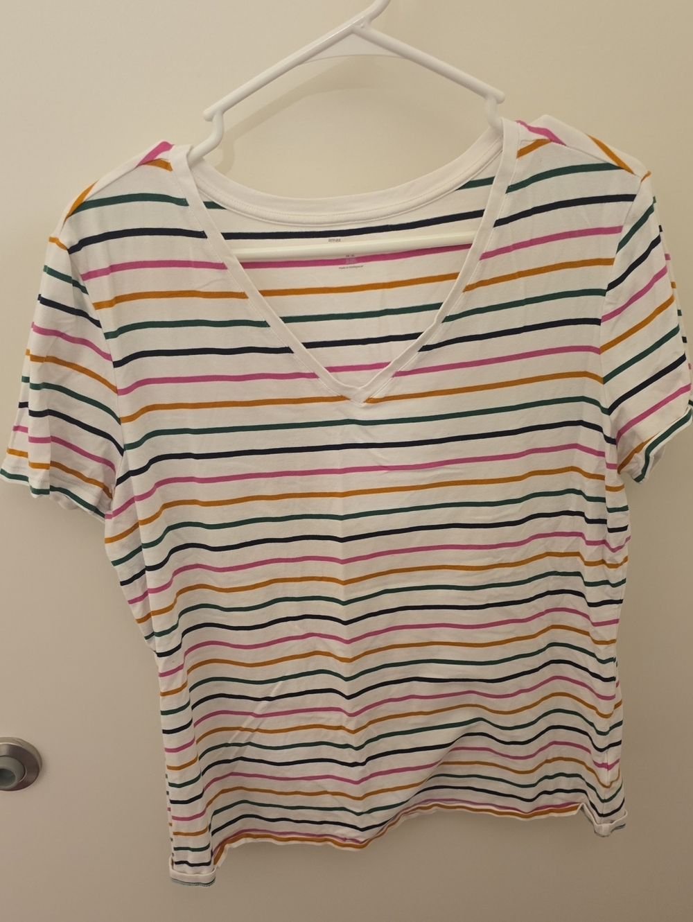 Amazon Women's Striped V-Neck Tee in White with Pink, Green & Mustard Stripes